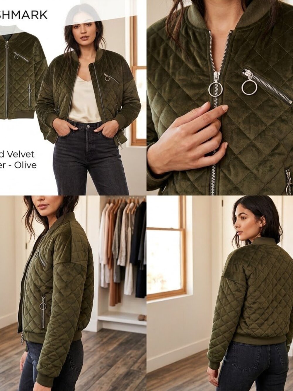 Bomber jacket velvet quilted olive green zippered front